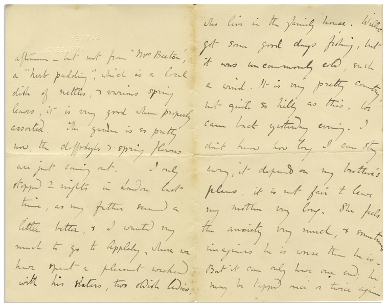 Beatrix Potter Autograph Letter Signed -- ''...I don't know how long I can stay away, it depends on my brother's plans, it is not fair to leave my mother very long. She feels the anxiety...''